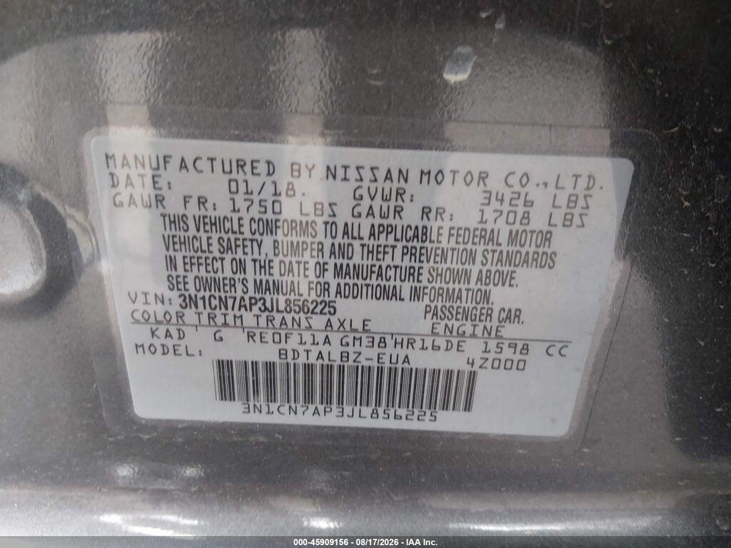 3N1CN7AP3JL856225 2018 NISSAN VERSA photo no. 9