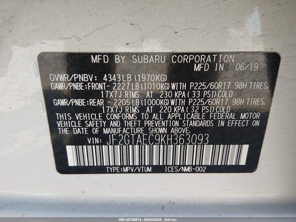 JF2GTAEC9KH363093 2019 SUBARU CROSSTREK photo no. 9