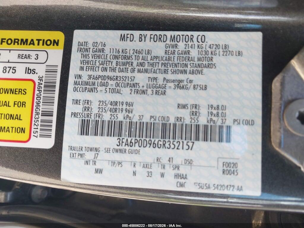 3FA6P0D96GR352157 2016 FORD FUSION photo no. 9