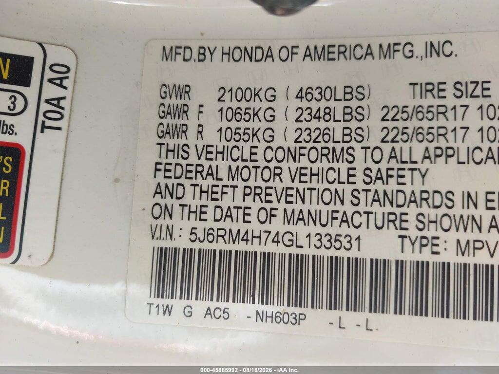 5J6RM4H74GL133531 2016 HONDA CR-V photo no. 9