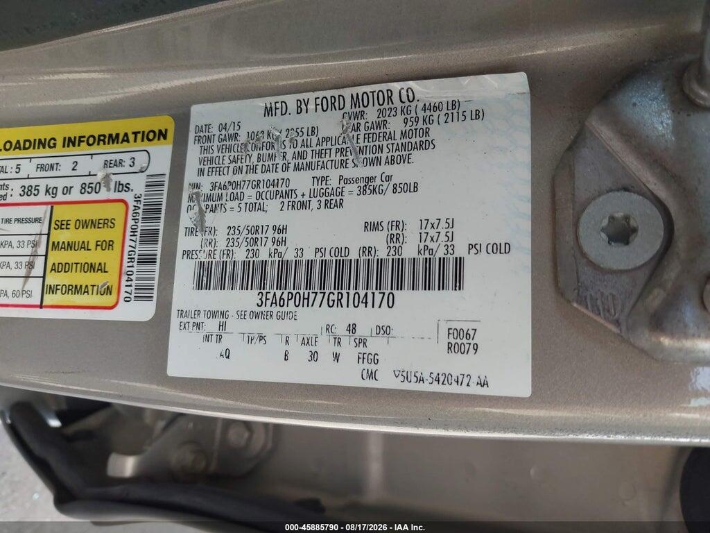 3FA6P0H77GR104170 2016 FORD FUSION photo no. 9