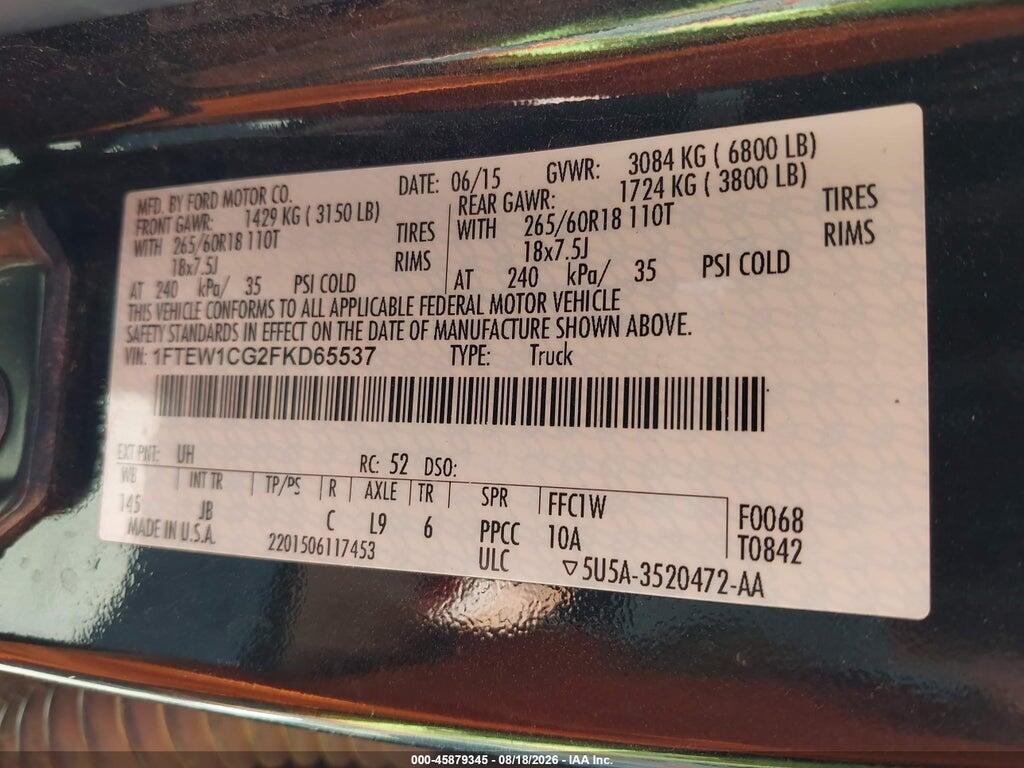 1FTEW1CG2FKD65537 2015 FORD F150 photo no. 9