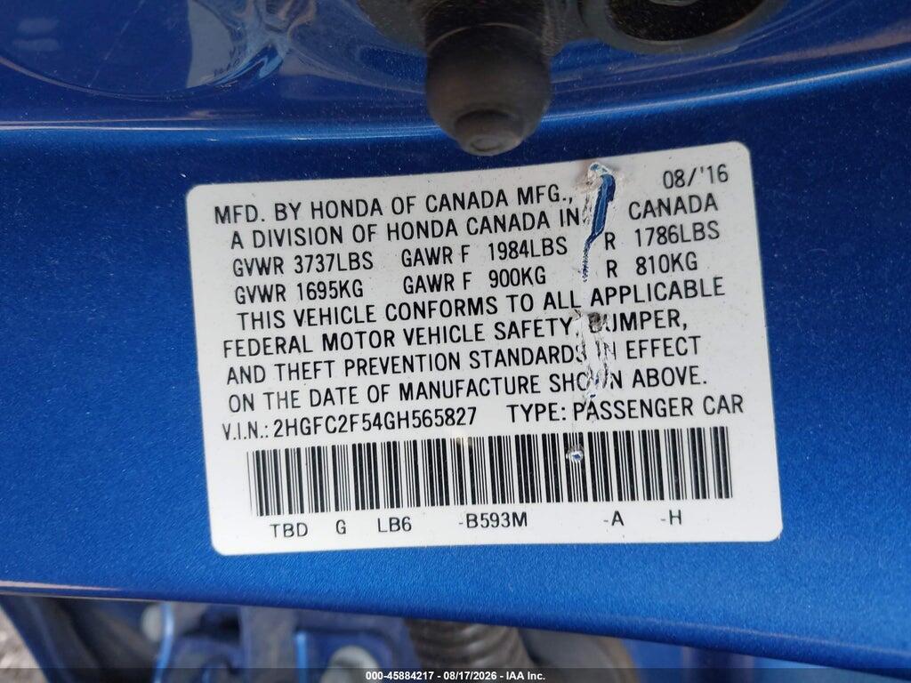 2HGFC2F54GH565827 2016 HONDA CIVIC photo no. 9