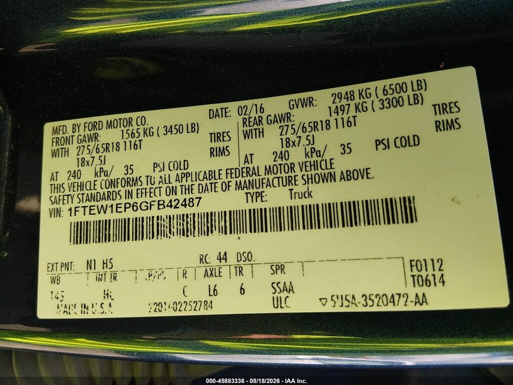 1FTEW1EP6GFB42487 2016 FORD F-150 photo no. 9