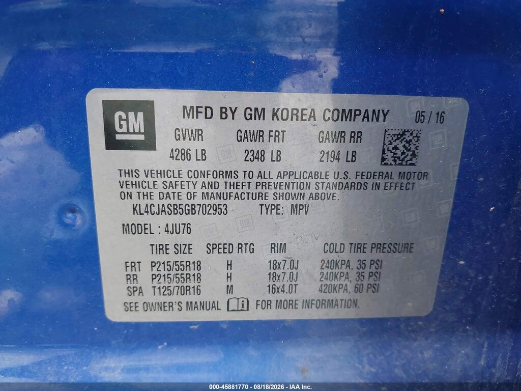KL4CJASB5GB702953 2016 BUICK ENCORE photo no. 9