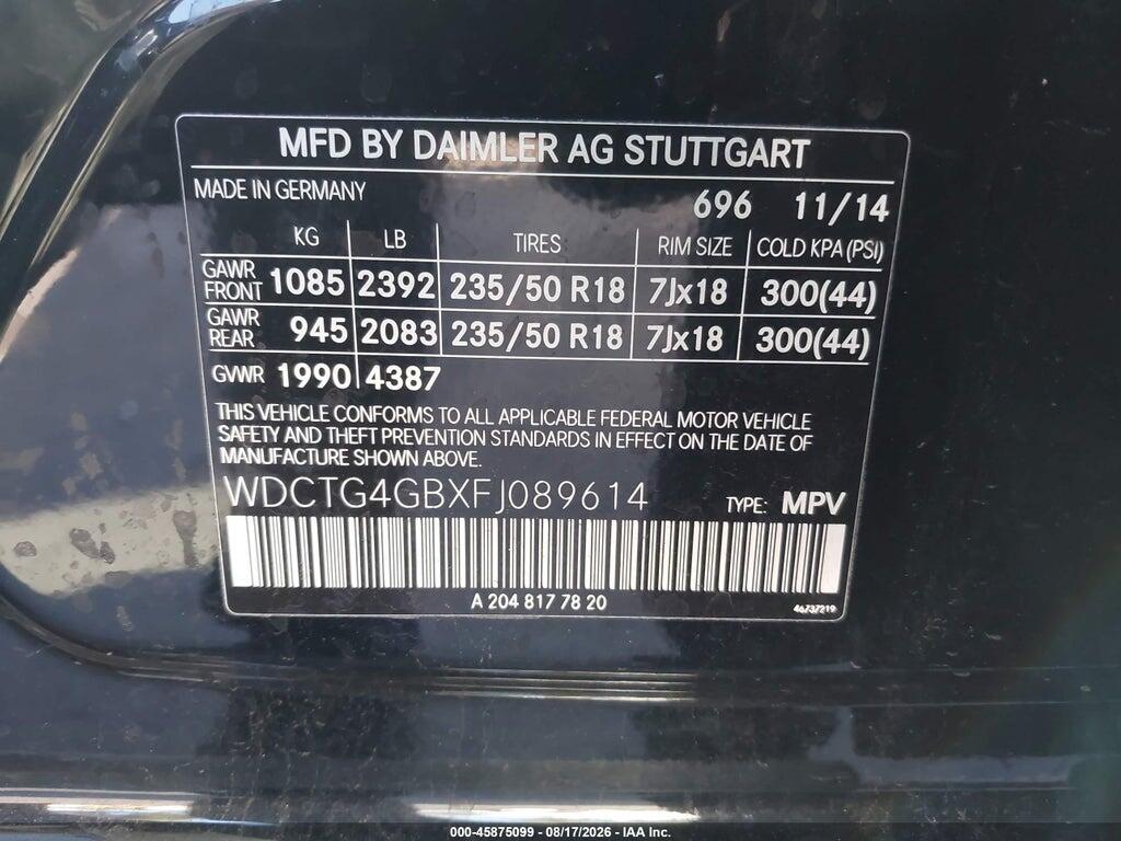 WDCTG4GBXFJ089614 2015 MERCEDES-BENZ GLA 250 photo no. 9