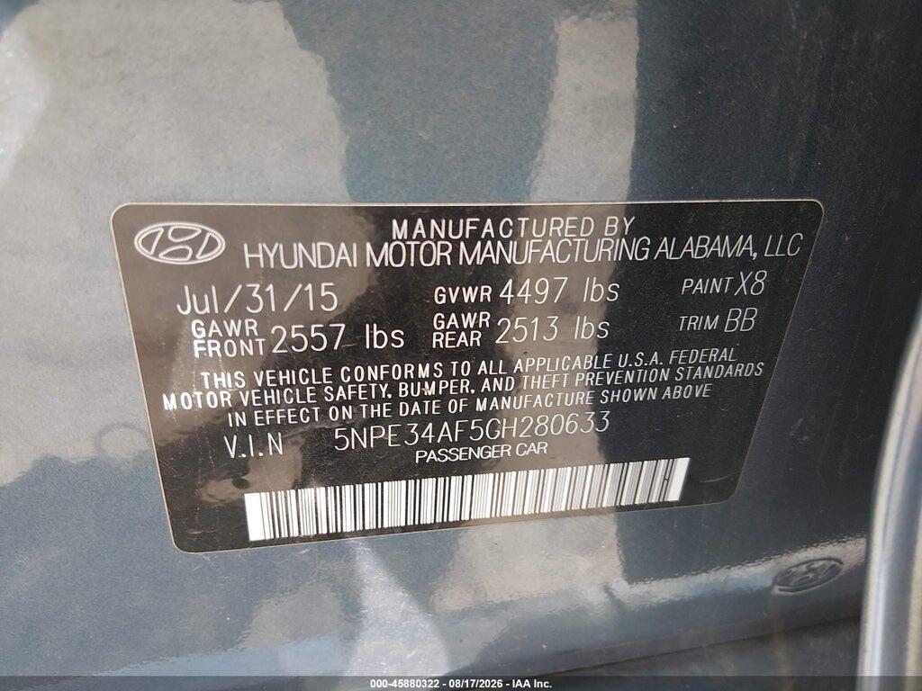 5NPE34AF5GH280633 2016 HYUNDAI SONATA photo no. 9