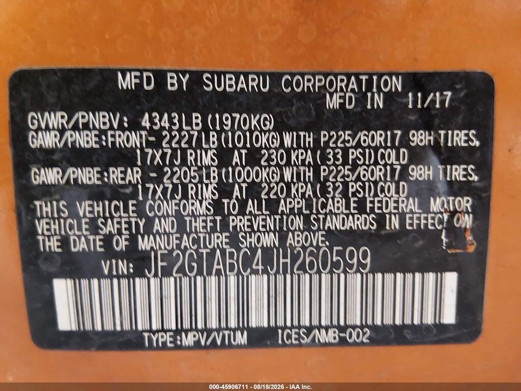 JF2GTABC4JH260599 2018 SUBARU CROSSTREK photo no. 9