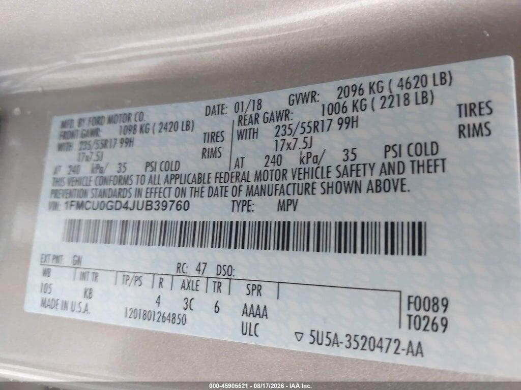1FMCU0GD4JUB39760 2018 FORD ESCAPE photo no. 9