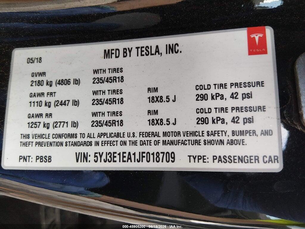 5YJ3E1EA1JF018709 2018 TESLA MODEL 3 photo no. 9