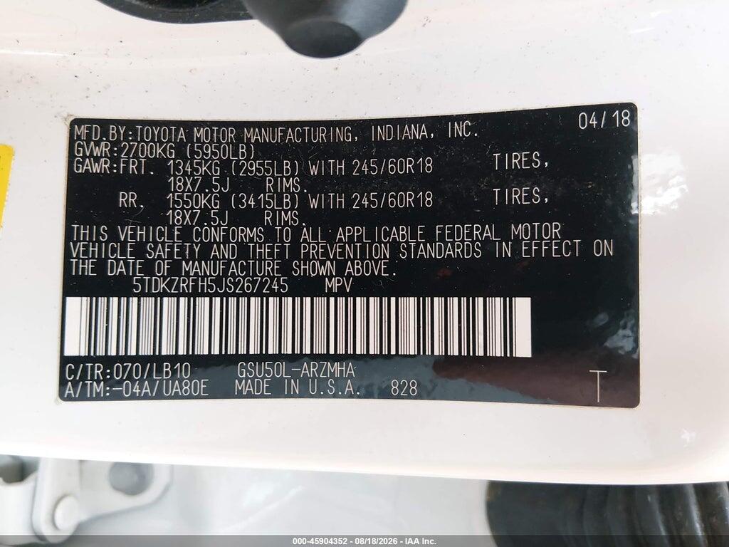 5TDKZRFH5JS267245 2018 TOYOTA HIGHLANDER photo no. 9