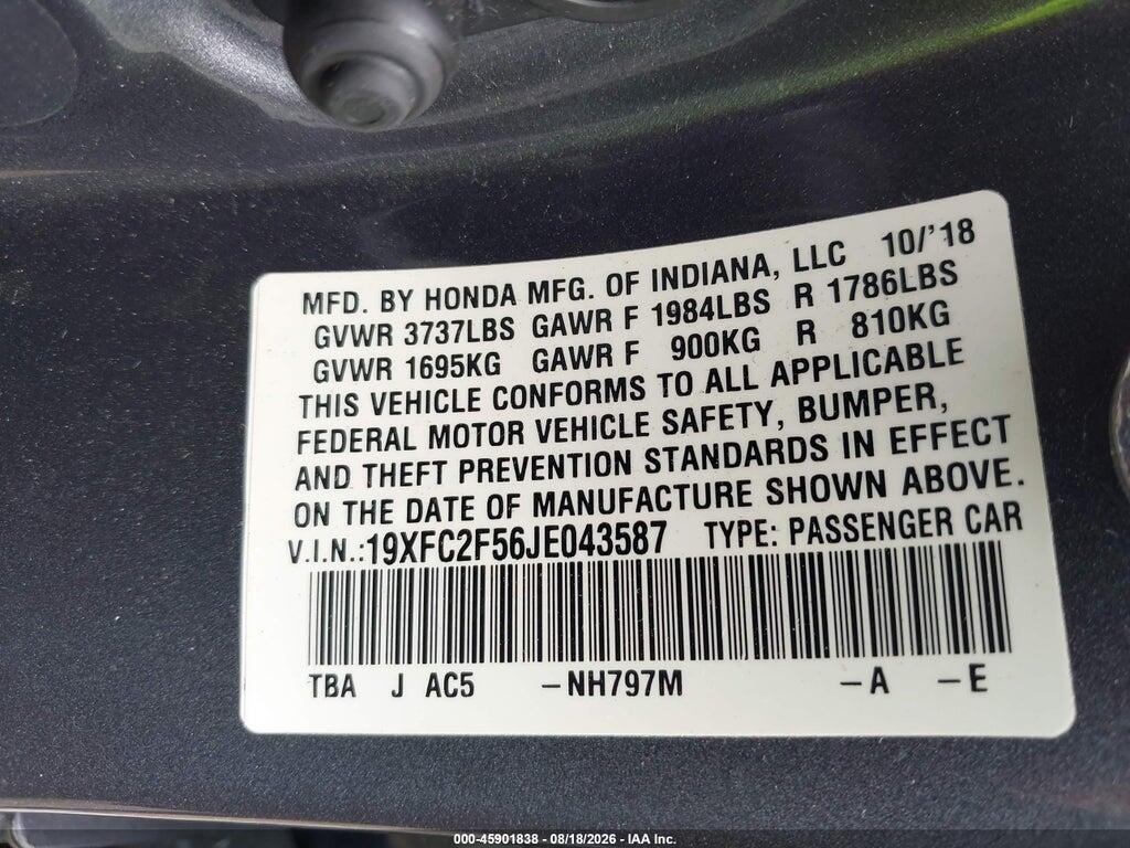19XFC2F56JE043587 2018 HONDA CIVIC photo no. 9