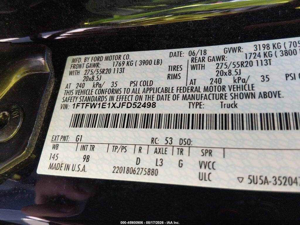 1FTFW1E1XJFD52498 2018 FORD F-150 photo no. 9
