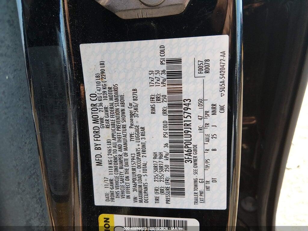 3FA6P0LU9JR157943 2018 FORD FUSION HYBRID photo no. 9