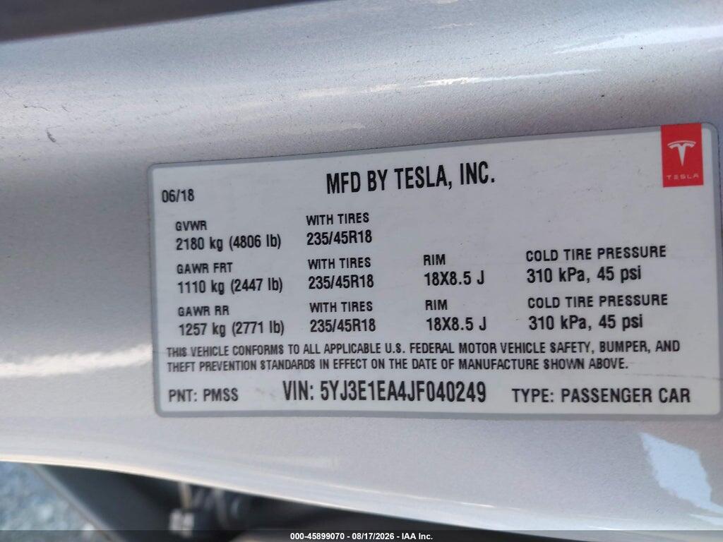 5YJ3E1EA4JF040249 2018 TESLA MODEL 3 photo no. 9