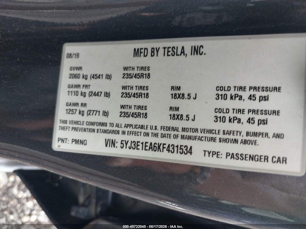 5YJ3E1EA6KF431534 2019 TESLA MODEL 3 photo no. 9