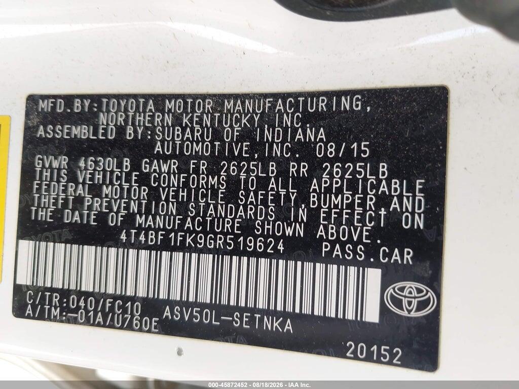 4T4BF1FK9GR519624 2016 TOYOTA CAMRY photo no. 9