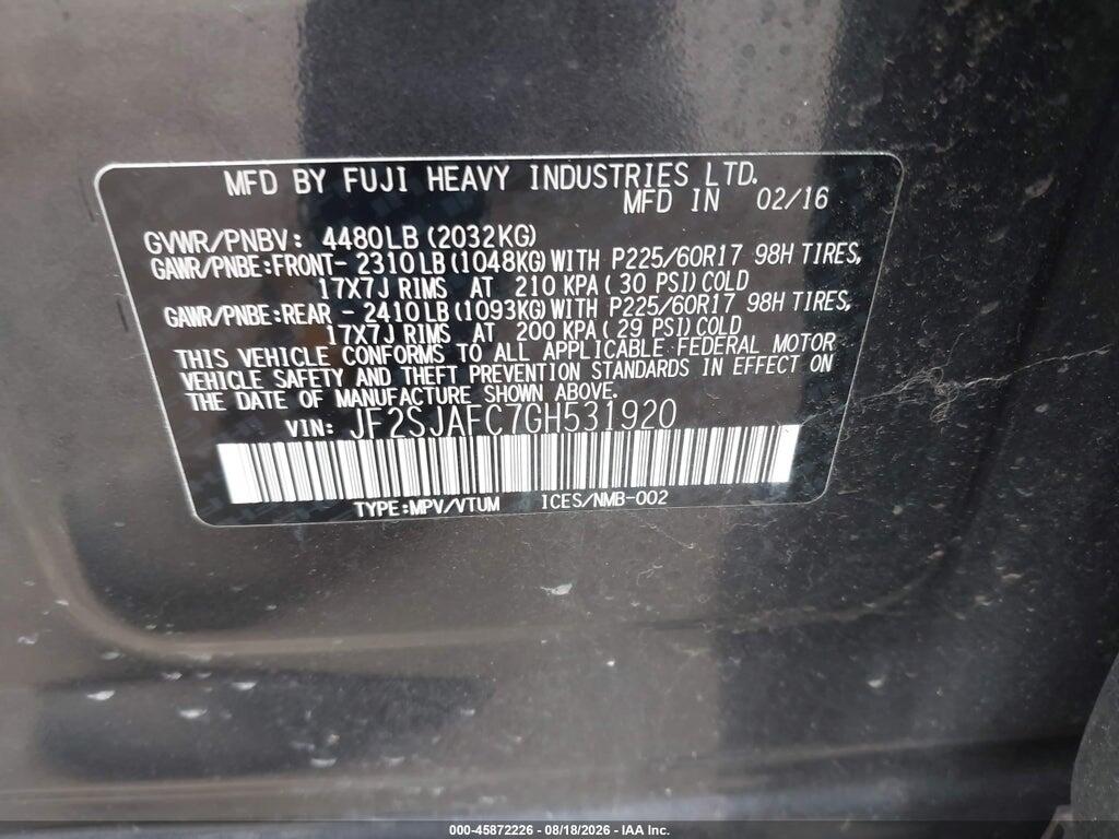JF2SJAFC7GH531920 2016 SUBARU FORESTER photo no. 9