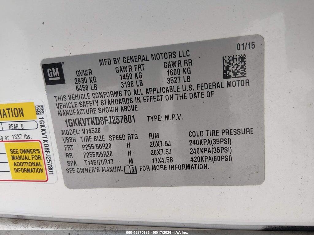1GKKVTKD8FJ257801 2015 GMC ACADIA photo no. 9