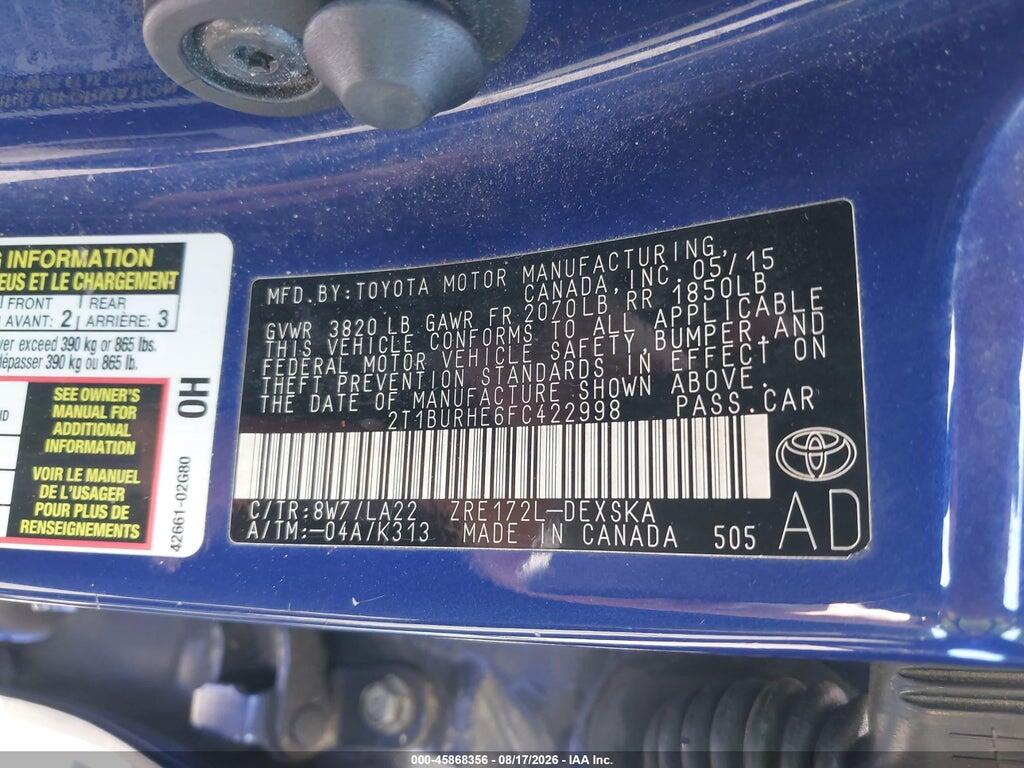 2T1BURHE6FC422998 2015 TOYOTA COROLLA photo no. 9