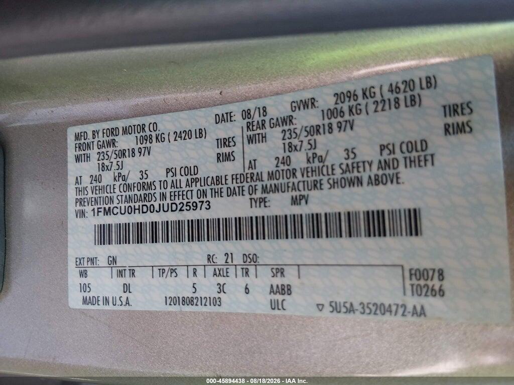 1FMCU0HD0JUD25973 2018 FORD ESCAPE photo no. 9