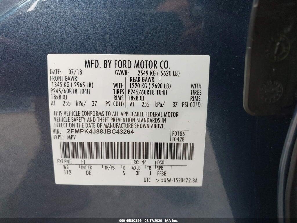 2FMPK4J88JBC43264 2018 FORD EDGE photo no. 9