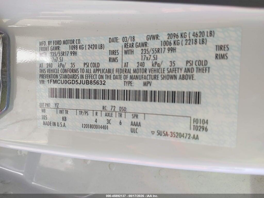 1FMCU0GD5JUB85632 2018 FORD ESCAPE photo no. 9