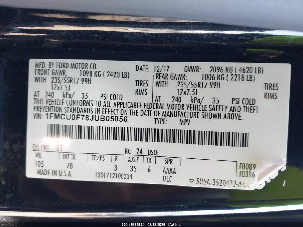 1FMCU0F78JUB05056 2018 FORD ESCAPE photo no. 9