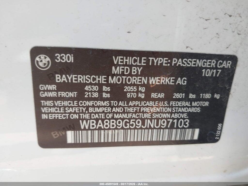 WBA8B9G59JNU97103 2018 BMW 330I photo no. 9