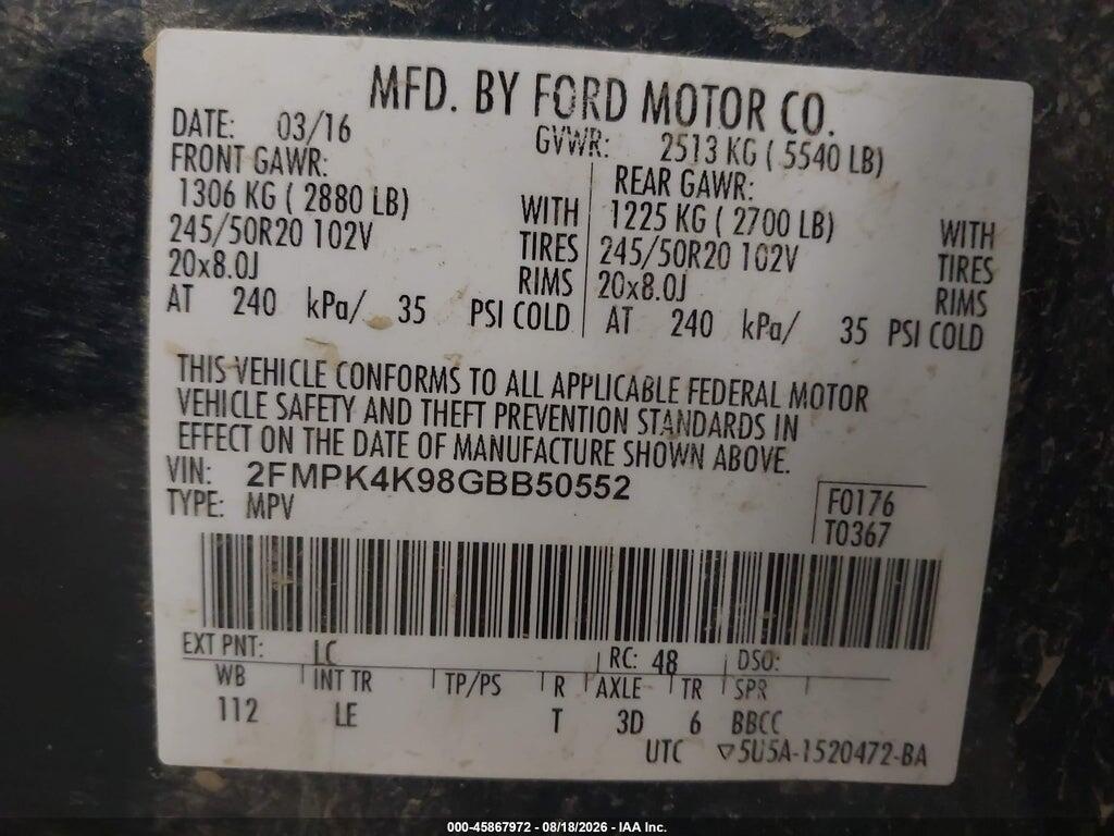 2FMPK4K98GBB50552 2016 FORD EDGE photo no. 9