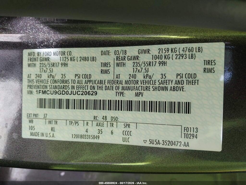 1FMCU9GD0JUC20629 2018 FORD ESCAPE photo no. 9