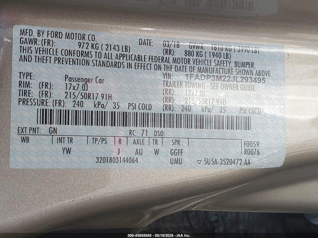 1FADP3M22JL293495 2018 FORD FOCUS photo no. 9