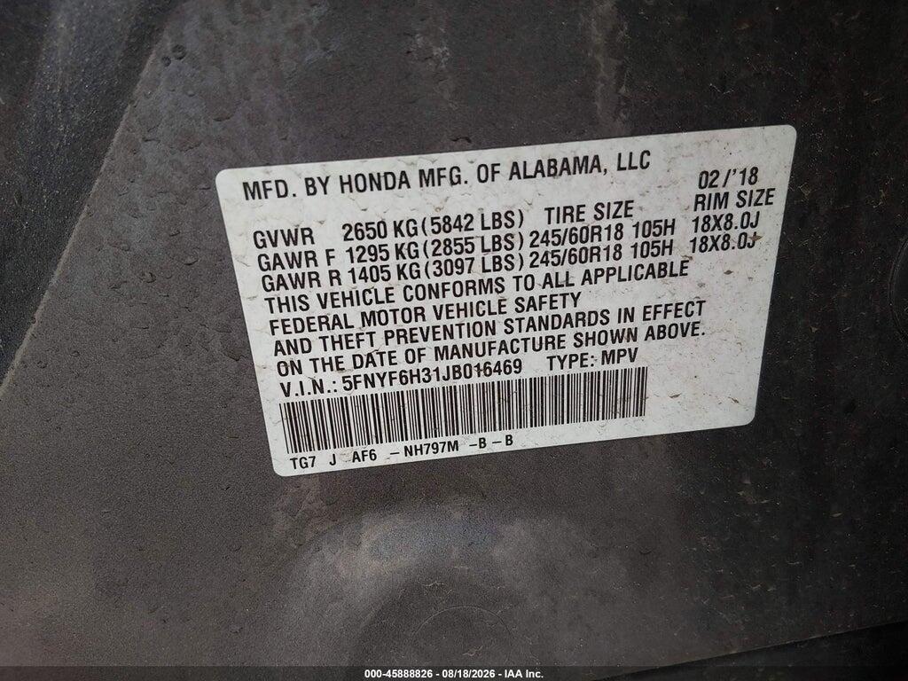 5FNYF6H31JB016469 2018 HONDA PILOT photo no. 9