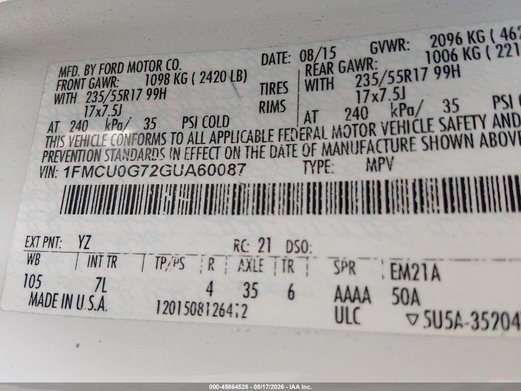 1FMCU0G72GUA60087 2016 FORD ESCAPE photo no. 9
