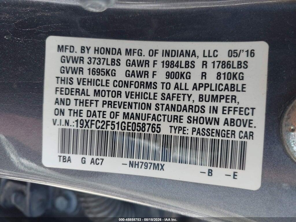 19XFC2F51GE058765 2016 HONDA CIVIC photo no. 9