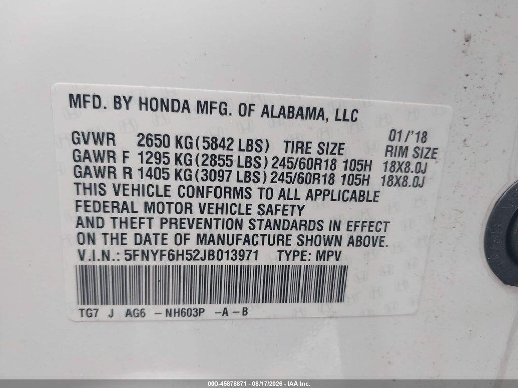 5FNYF6H52JB013971 2018 HONDA PILOT photo no. 9