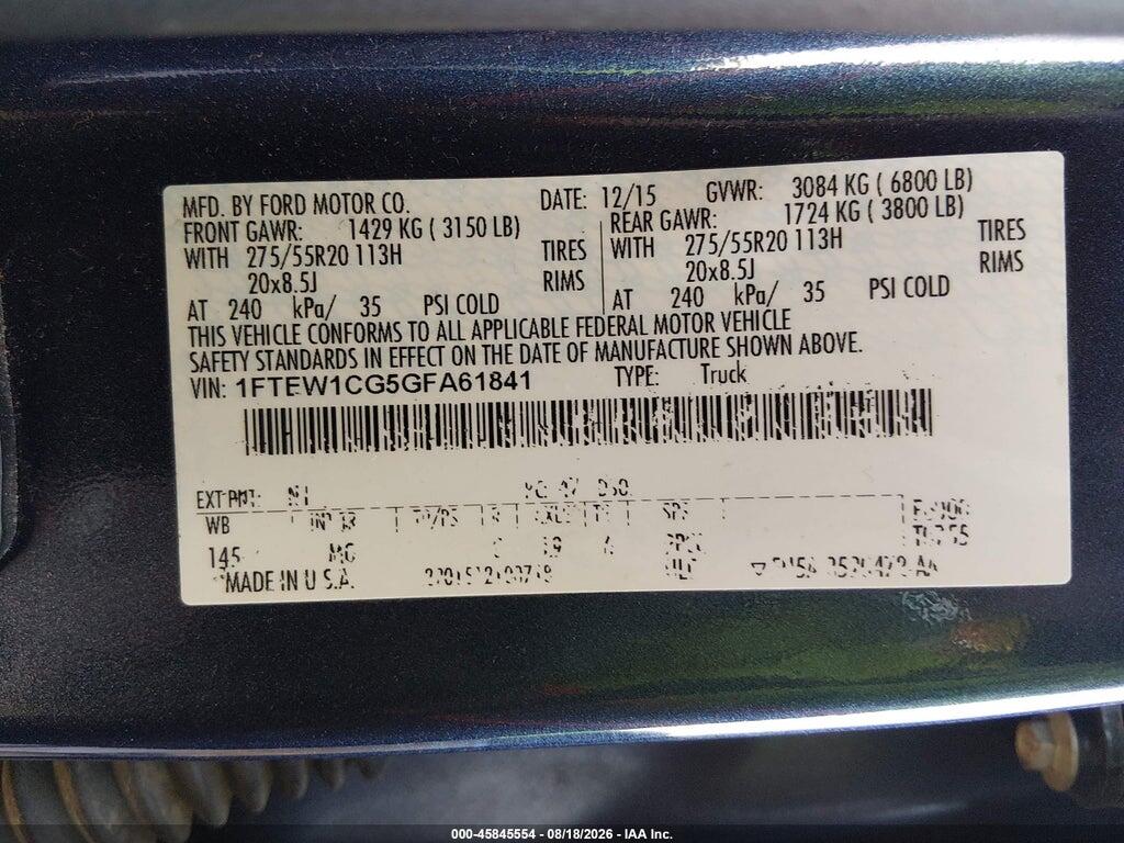 1FTEW1CG5GFA61841 2016 FORD F-150 photo no. 9