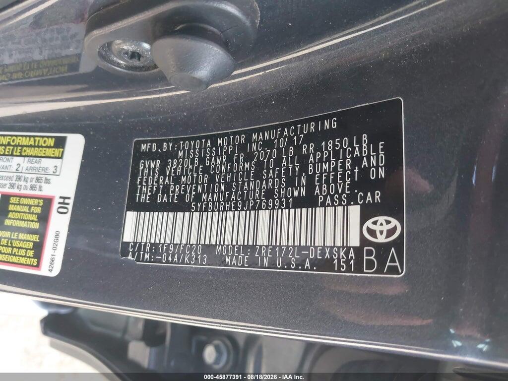 5YFBURHE9JP769931 2018 TOYOTA COROLLA photo no. 9