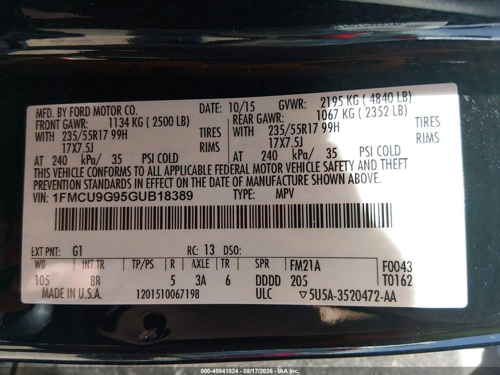 1FMCU9G95GUB18389 2016 FORD ESCAPE photo no. 9