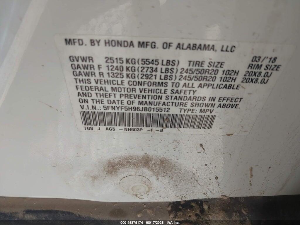 5FNYF5H96JB015512 2018 HONDA PILOT photo no. 9