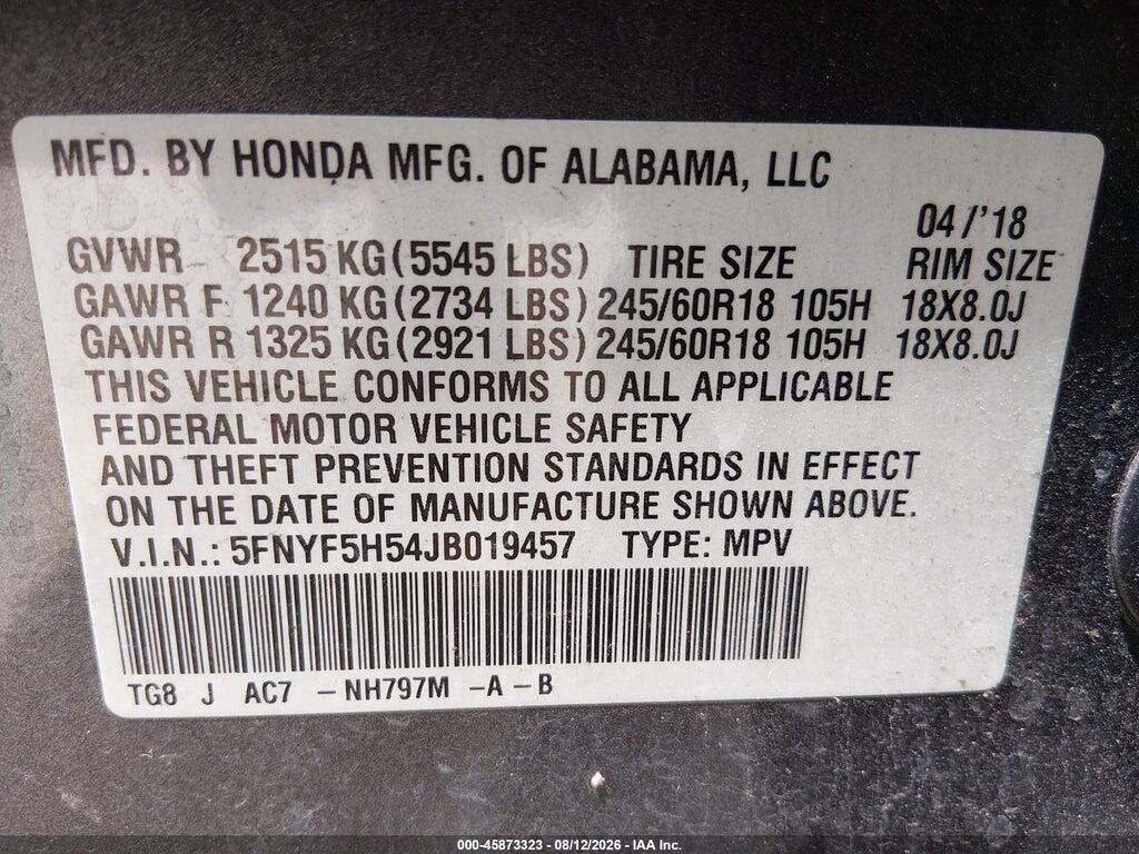 5FNYF5H54JB019457 2018 HONDA PILOT photo no. 9
