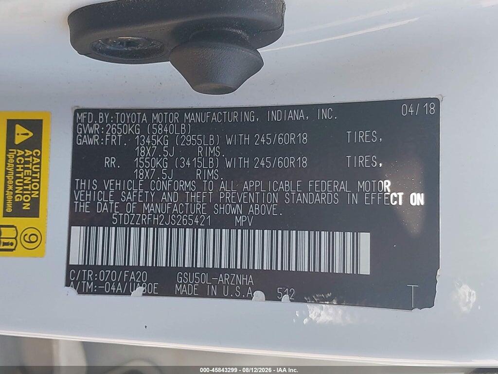 5TDZZRFH2JS265421 2018 TOYOTA HIGHLANDER photo no. 9