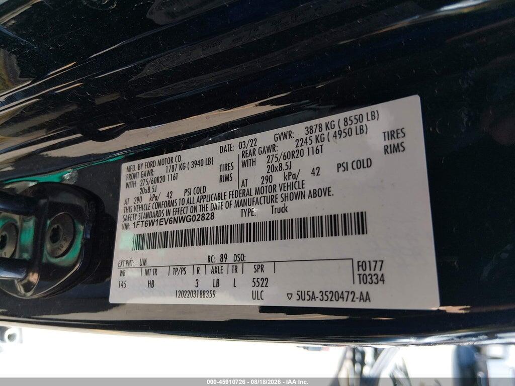 1FT6W1EV6NWG02828 2022 FORD F-150 LIGHTNING photo no. 9