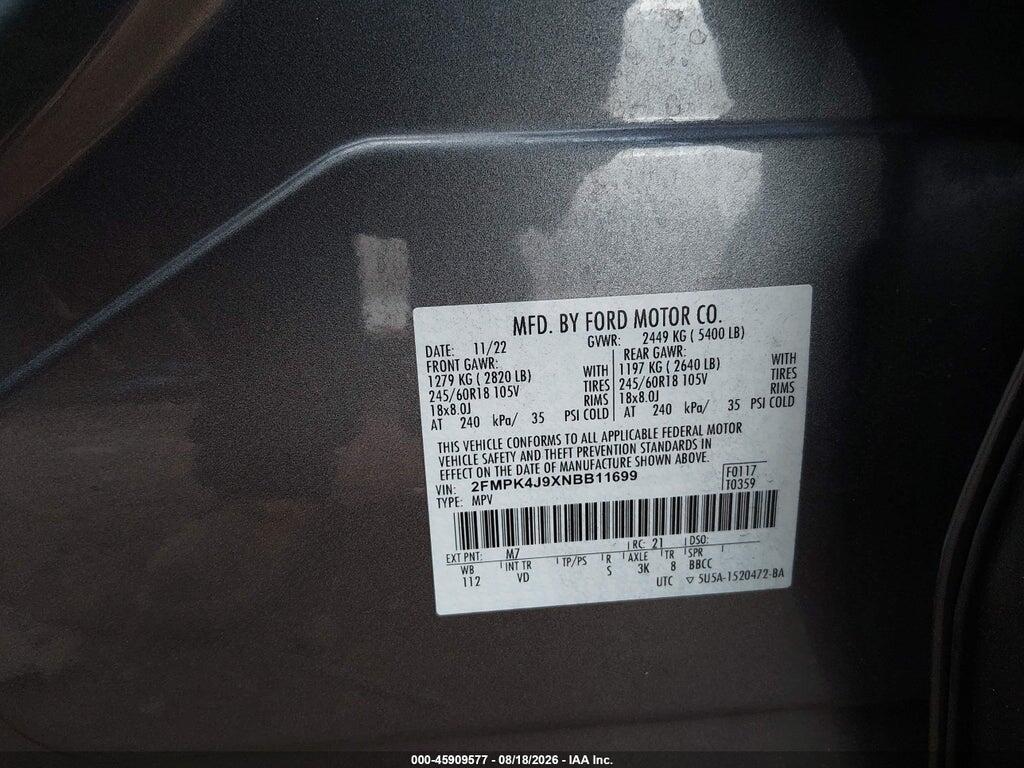 2FMPK4J9XNBB11699 2022 FORD EDGE photo no. 9