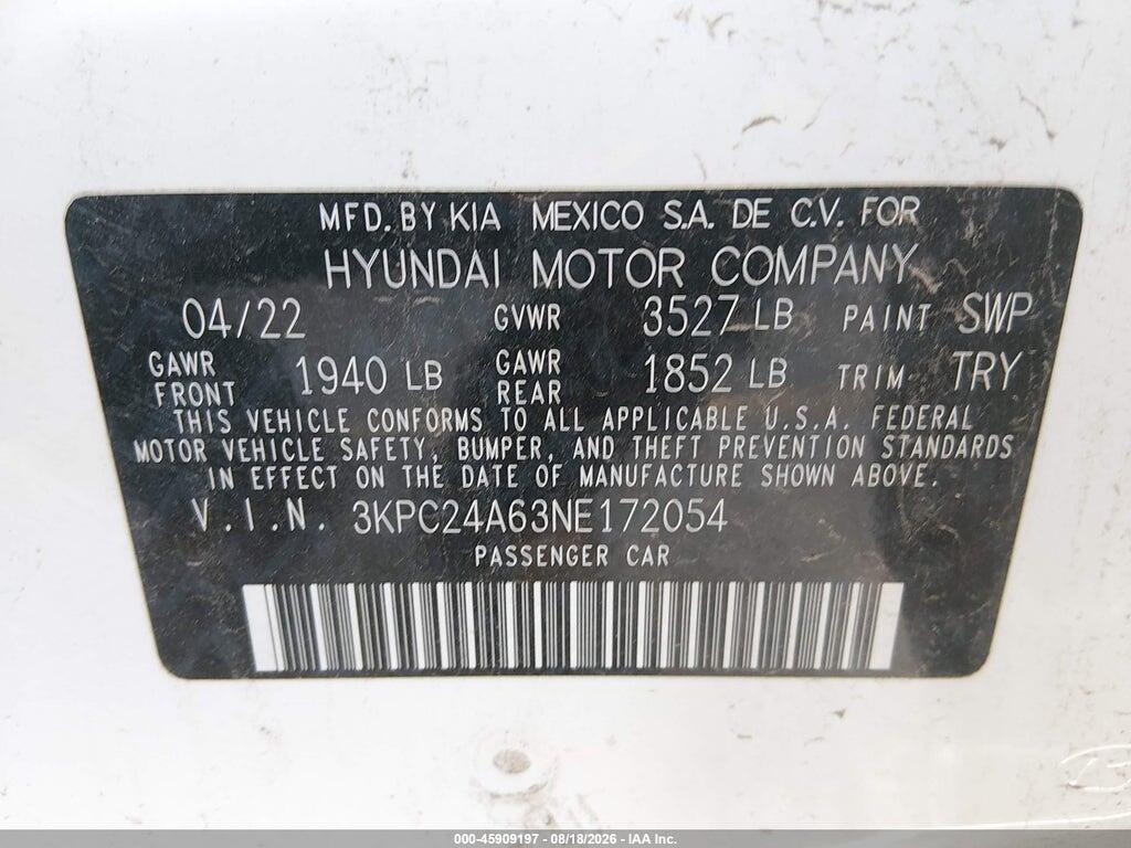 3KPC24A63NE172054 2022 HYUNDAI ACCENT photo no. 9