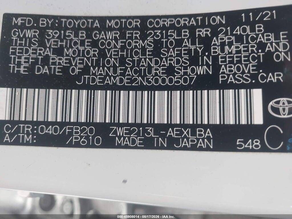 JTDEAMDE2N3000507 2022 TOYOTA COROLLA photo no. 9