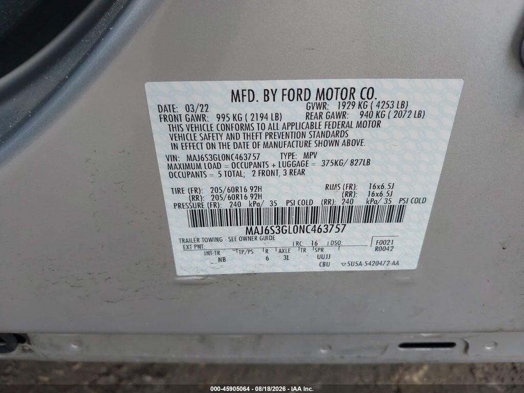 MAJ6S3GL0NC463757 2022 FORD ECOSPORT photo no. 9