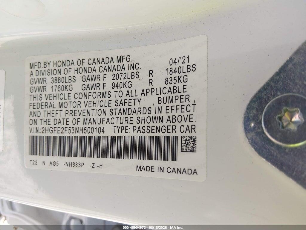 2HGFE2F53NH500104 2022 HONDA CIVIC photo no. 9