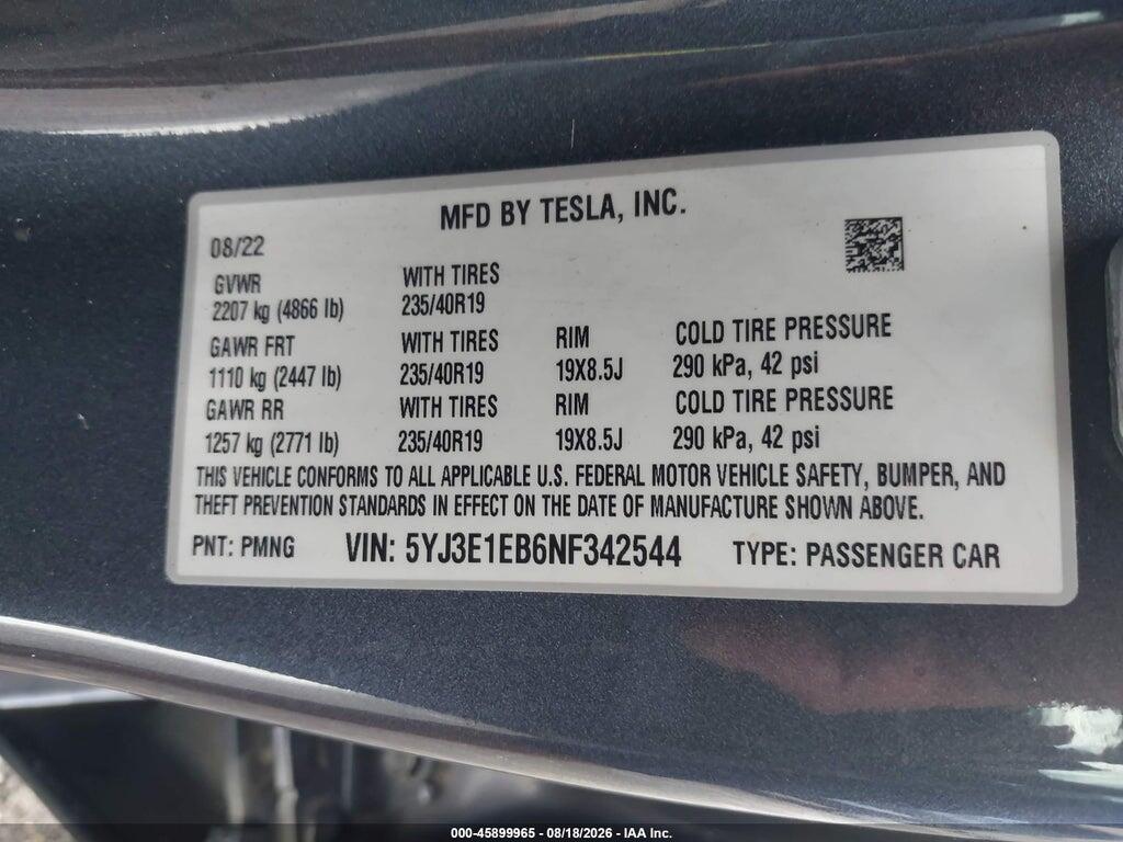 5YJ3E1EB6NF342544 2022 TESLA MODEL 3 photo no. 9
