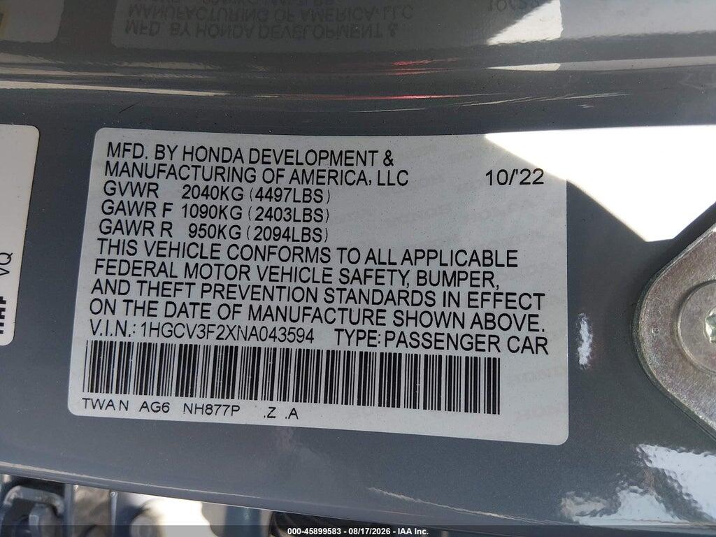 1HGCV3F2XNA043594 2022 HONDA ACCORD HYBRID photo no. 9